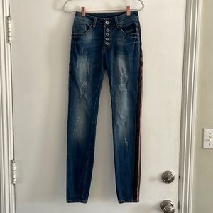 Six Denim Distressed Jeans with Black, Red & Tan Side Stripe | XS